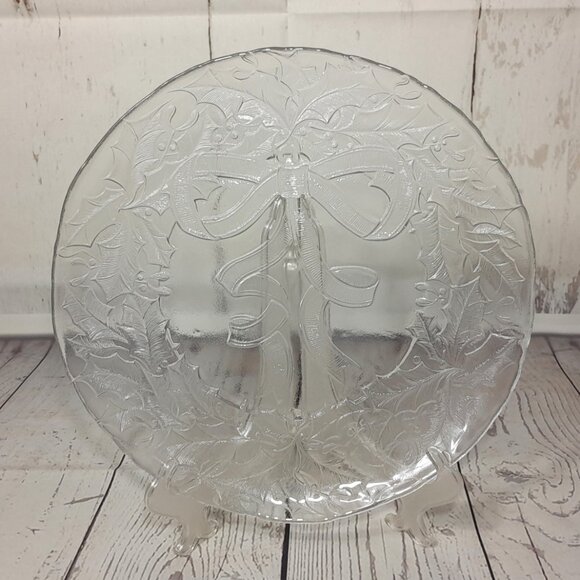 Arcoroc Glass Platter Happy Holiday Christmas Round Wreath With Bow USA 13" - Picture 6 of 12